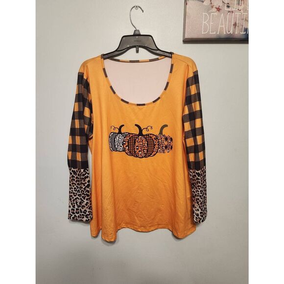 Orange Patchwork Halloween Print Long Sleeve Shirt Leopard Print 1x - Picture 1 of 3